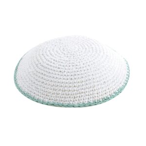 Knitted Kippah 16cm- White with Green Stripe