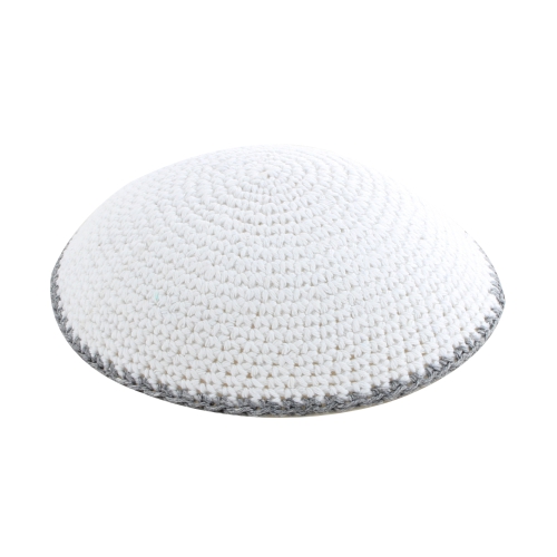 Knitted Kippah 17 cm- White with Gray Stripe
