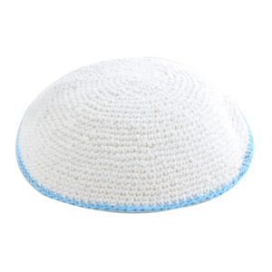 Knitted Kippah 16cm- White with Light Blue Stripe