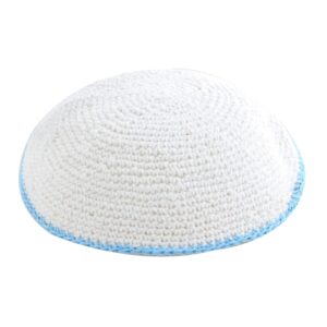 Knitted Kippah 16cm- White with Light Blue Stripe