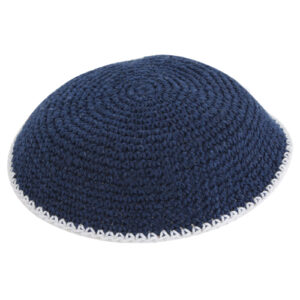 Knitted Kippah 16 cm- Dark Blue with White Stripe