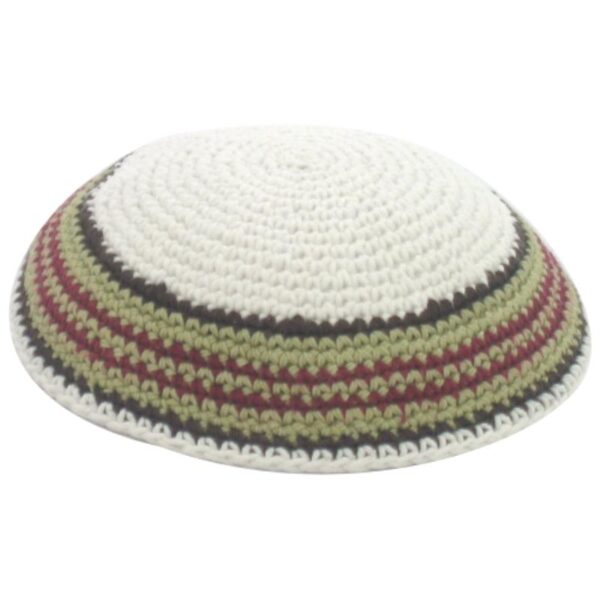 Knitted Kippah 16cm- White with Colors Stripe