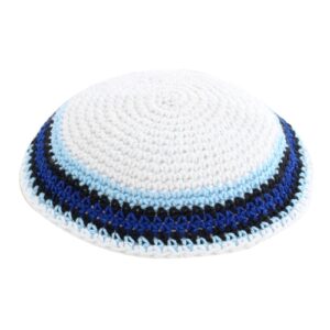 Knitted Kippah 16 cm- White with Dark Blue, Black  and Light Blue Stripes