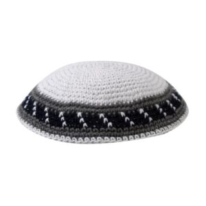 Knitted Kippah 16 cm- White with Gray Black and White Decoration