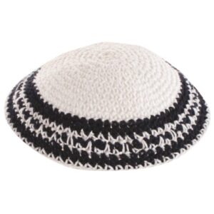 Knitted Kippah 16 cm- White with Dark Blue Stripes