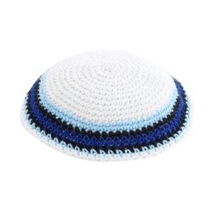 Knitted Kippah 17 cm-  White with Dark Blue, Black  and Light Blue Stripes