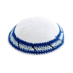 Knitted Kippah 17cm- White with Dark Blue Stripe