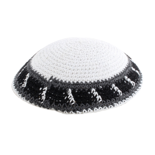 Knitted Kippah 17cm- White with Gray Stripe