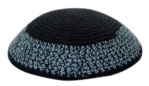 Knitted Kippah 16 cm- Black with Turquoise Stripes