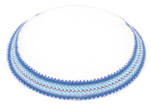 Knitted D.M.C Kippsh 17 cm - White with Light Blue, Red & Turquoise Around