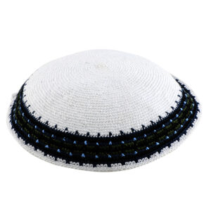 Knitted DMC Kippah 18cm- White with Colors Rim