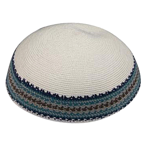 Knitted D.M.C Kippsh 20 cm - Beige with Brown, Gray, Turquoise  & Blue Around