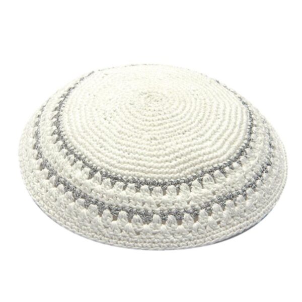 Knitted Kippah 15 cm- White with Holes and Silver Stripes