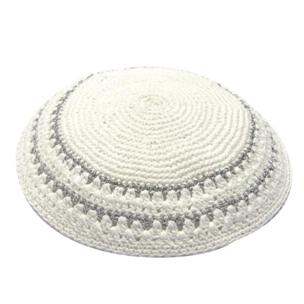 Knitted Kippah 17cm- White with 2 Silver Stripes