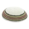 Knitted Kippah 17cm- White with Burgundy and Brown Stripes