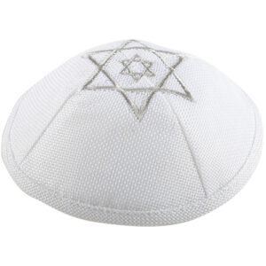 Linen Kippah 17 cm- White with Silver Star of David Embroidery