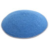 Knitted Flat D.M.C Kippah 13 cm-  Light Blue with Gray Stripe Around
