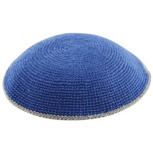 C KNITTED FLAT DMC KIPPAH 16 CM- BLUE  WITH BLUE AROUND