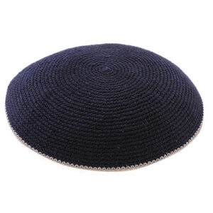 C KNITTED FLAT DMC KIPPAH 16 CM- BLUE WITH GRAY AROUND