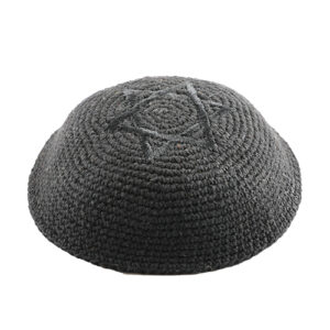 Knitted Kippah 16 cm- Black with Black Star of David  Embroidery
