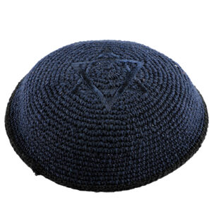 C KNITTED KIPPAH 16 CM- DARK BLUE WITH MAGEN DAVID