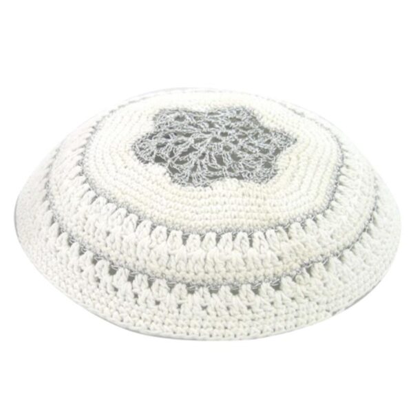 Knitted Kippah 17 cm- White with Silver Star of David and Stripes Around