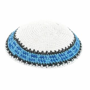 Knitted Kippah 15cm- White with Blue Stripe