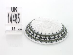 Knitted Kippah 15cm- White with Green and Gray Stripes