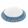 Knitted Kippah 15cm- White with Blue and Gray Stripes