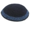 Knitted Kippah 17 cm- Dark Blue with Light Blue Stripes around