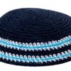 Knitted Kippah 18 cm- Dark Blue with White and Light Blue stripes