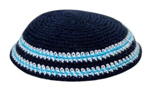 Knitted Kippah 18 cm- Dark Blue with White and Light Blue stripes
