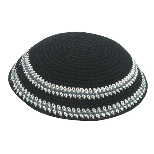 Knitted Kippah 17 cm- Black with Gray and white Stripes