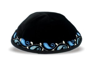 German Velvet Kippah 20 cm- Black with Blue and White Ornate Design