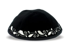 German Velvet Kippah 20cm- Silver with Ornate Design