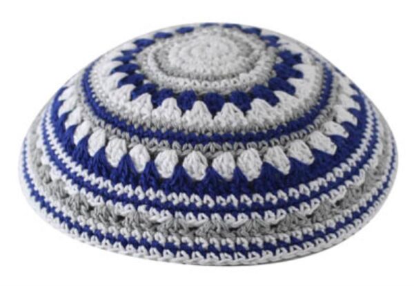 Knitted Kippah 18cm- in Blue, Gray and White