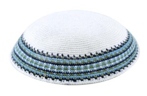 Knitted D.M.C Kippah 16 cm- White with Light Blue-Black-Olive Green