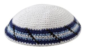 Knitted Kippah 15cm- White with Light Blue Stripe