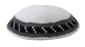 Knitted Kippah 15cm- White with Blue and Gray Stripes