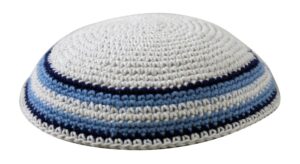 Knitted Kippah 15cm- White with White and Gray Stripes