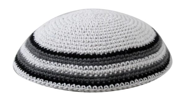 Knitted Kippah 15cm- White with Black and Gray Stripes