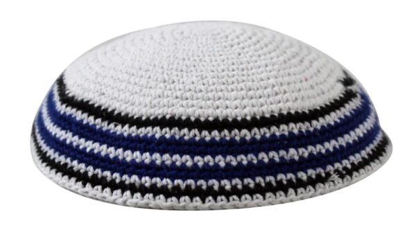 Knitted Kippah 15cm- White with Blue and Black Stripes