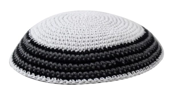 Knitted Kippah 16cm- White with Black-Gray Rim