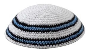 Knitted Kippah 16 cm- White with Light Blue and Black Stripes