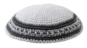 Knitted Kippah 15 cm- White with White and Gray Stripes
