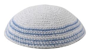 Knitted Kippah 17 cm- White with Light Blue Stripes