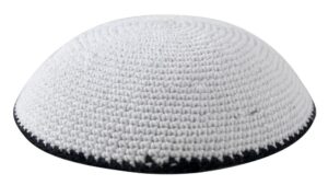Knitted Kippah 16 cm- White with Dark Blue Stripe