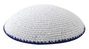 Knitted Kippah 17 cm- White with Blue Stripe