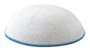 Knitted Kippah 16 cm- White with Turquoise Stripe