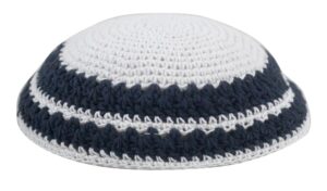 Knitted Kippah 18cm- White with Dark Blue Striped